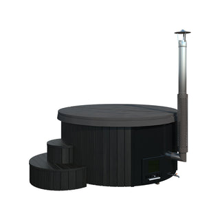 Svart lyxigt vildmarksbad med integrerad 30 kW kamin (6–8 pers) Ø200 cm