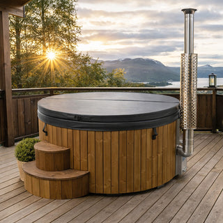 Lyxigt vildmarksbad med integrerad 30 kW kamin (6–8 pers) Ø200 cm